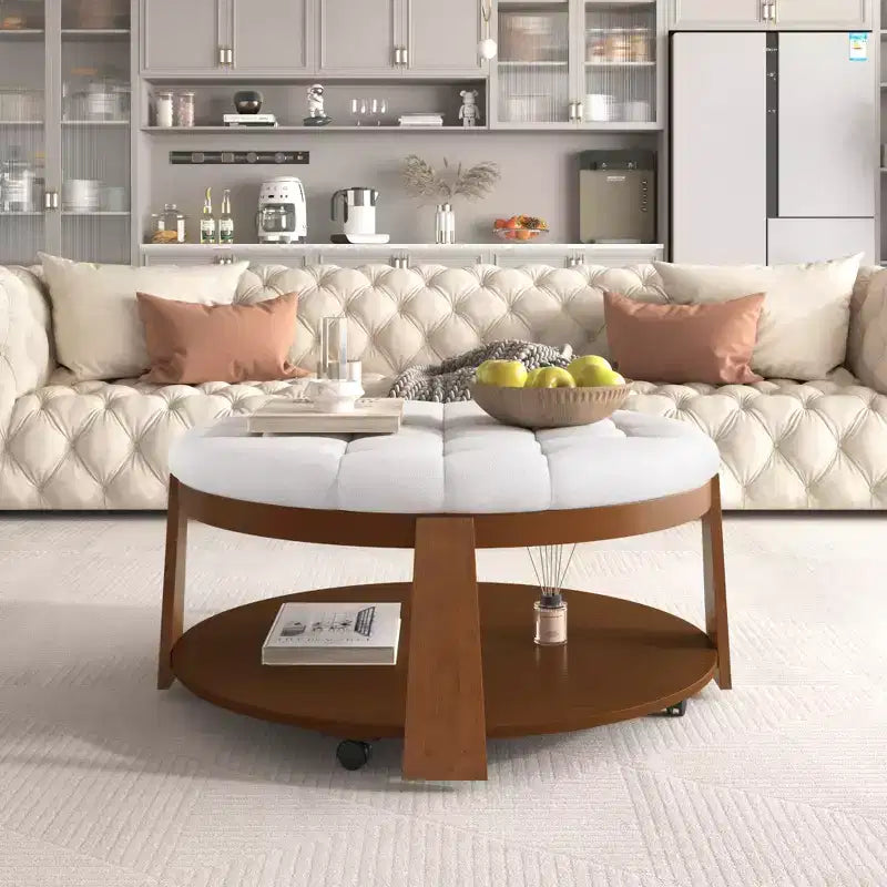 Table basse ottomane ronde, grande table basse rembourrée à 2 niveaux avec boutons touffetés et roulettes, repose-pieds ottoman en tissu imperméable pour salon