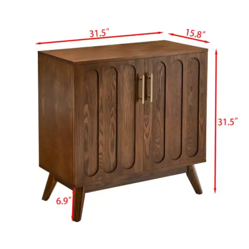 Meuble de rangement d'appoint cannelé de style moderne du milieu du siècle, petit buffet à 2 portes avec pieds en bois massif et poignées dorées - Panipeachy