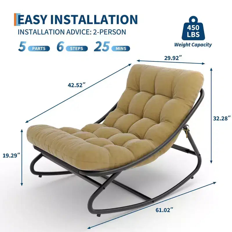 Fauteuil à bascule Papasan surdimensionné couleur fauve, capacité de 204 kg, fauteuil coquille en fer avec revêtement électronique et coussin, pour usage intérieur/extérieur (salon/terrasse/jardin)