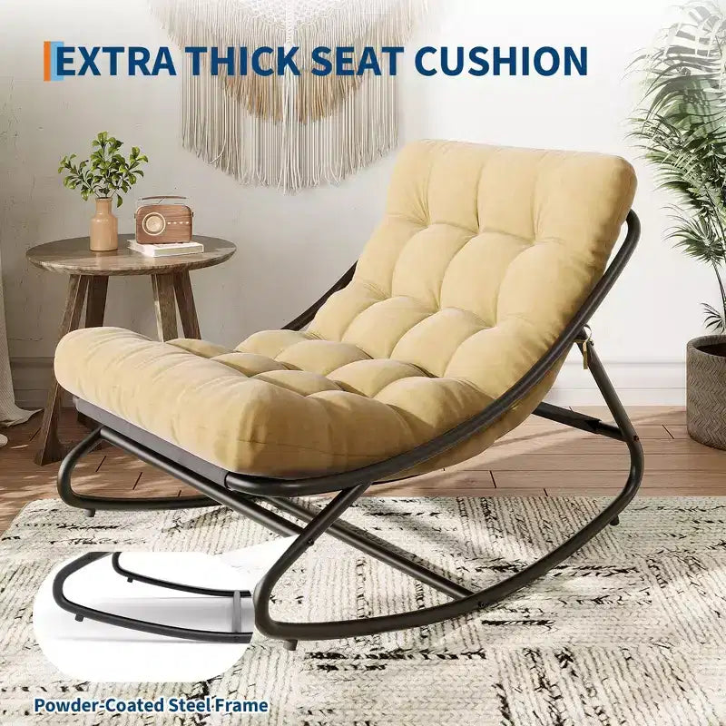 Fauteuil à bascule Papasan surdimensionné couleur fauve, capacité de 204 kg, fauteuil coquille en fer avec revêtement électronique et coussin, pour usage intérieur/extérieur (salon/terrasse/jardin)