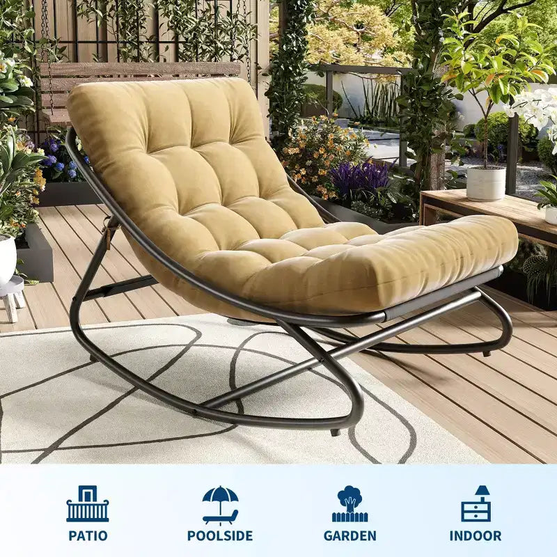 Fauteuil à bascule Papasan surdimensionné couleur fauve, capacité de 204 kg, fauteuil coquille en fer avec revêtement électronique et coussin, pour usage intérieur/extérieur (salon/terrasse/jardin)
