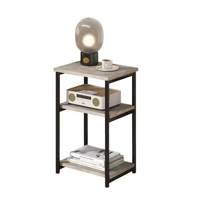 Table d'appoint rustique à 3 niveaux – Table d'appoint étroite peu encombrante avec étagères de rangement – Table de chevet fine pour salon, chambre à coucher, gris