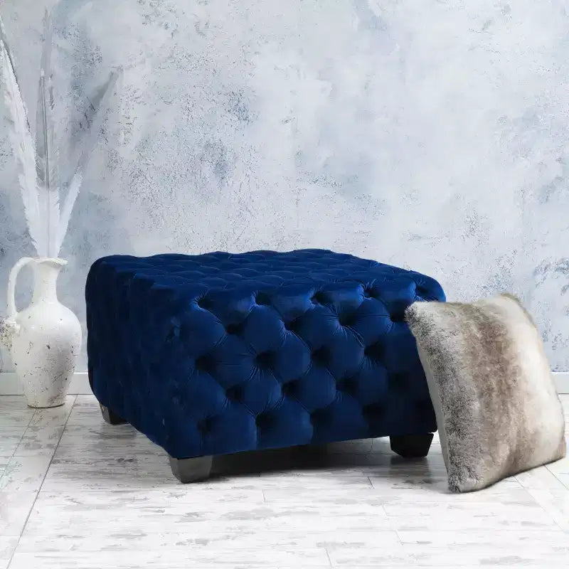 Okak Velvet Ottoman with Button-Tufted Diamond Stitch, Square Entryway Bench with Smooth Touch, Foot Stools Ottoman for Living Room