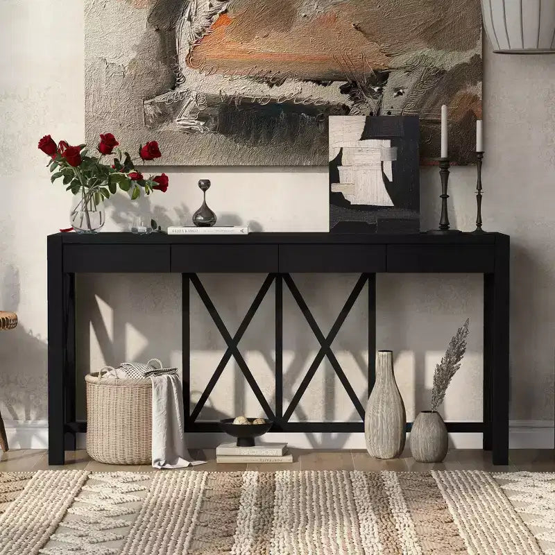 TUYOHW 60 Table Console en Bois d'Acacia avec 4 Tiroirs, Table d'Entrée de Ferme avec Pieds en X, Table d'Appoint Fine pour Salon, Cuisine, Couloir
