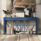 TUYOHW 60 Table Console en Bois d'Acacia avec 4 Tiroirs, Table d'Entrée de Ferme avec Pieds en X, Table d'Appoint Fine pour Salon, Cuisine, Couloir