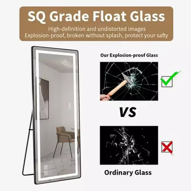 TUYOHW Grand miroir pleine longueur moderne avec LED réglables Miroir mural Miroirs sur pied avec support Miroir corporel pour salon, Noir
