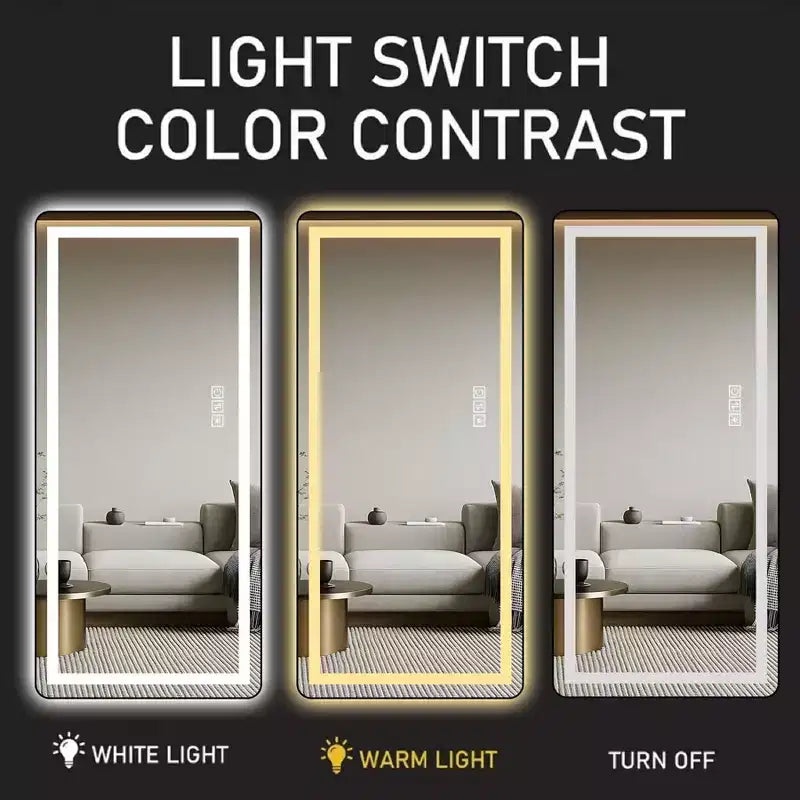 TUYOHW Grand miroir pleine longueur moderne avec LED réglables Miroir mural Miroirs sur pied avec support Miroir corporel pour salon, Noir