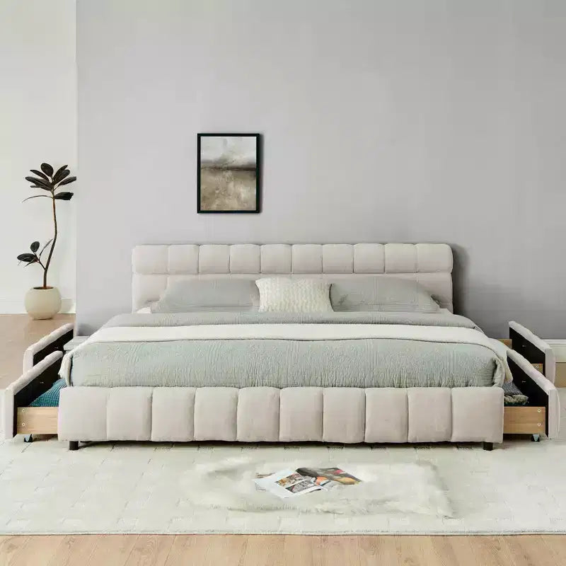 MAYEERTY Lit double king size capitonné avec tête de lit Cadre de lit solide avec tiroir pour chambre à coucher Beige