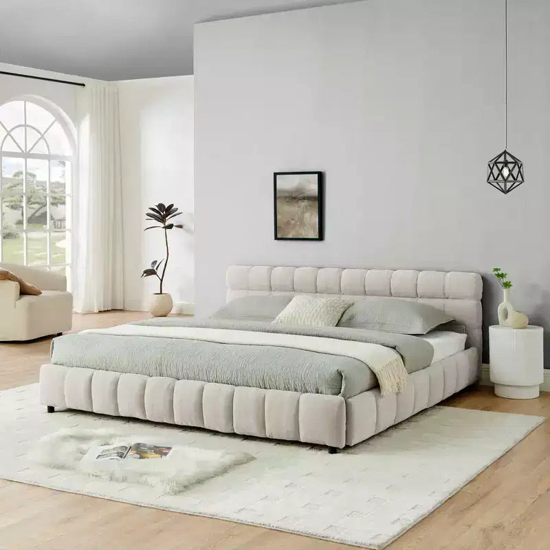 MAYEERTY Lit double king size capitonné avec tête de lit Cadre de lit solide avec tiroir pour chambre à coucher Beige