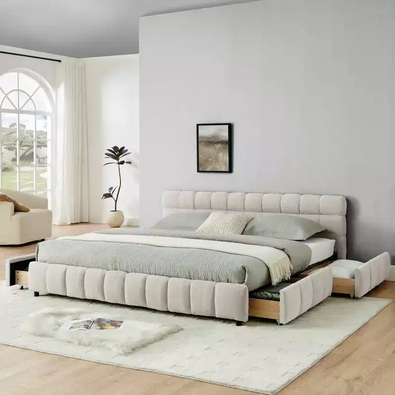 MAYEERTY Lit double king size capitonné avec tête de lit Cadre de lit solide avec tiroir pour chambre à coucher Beige