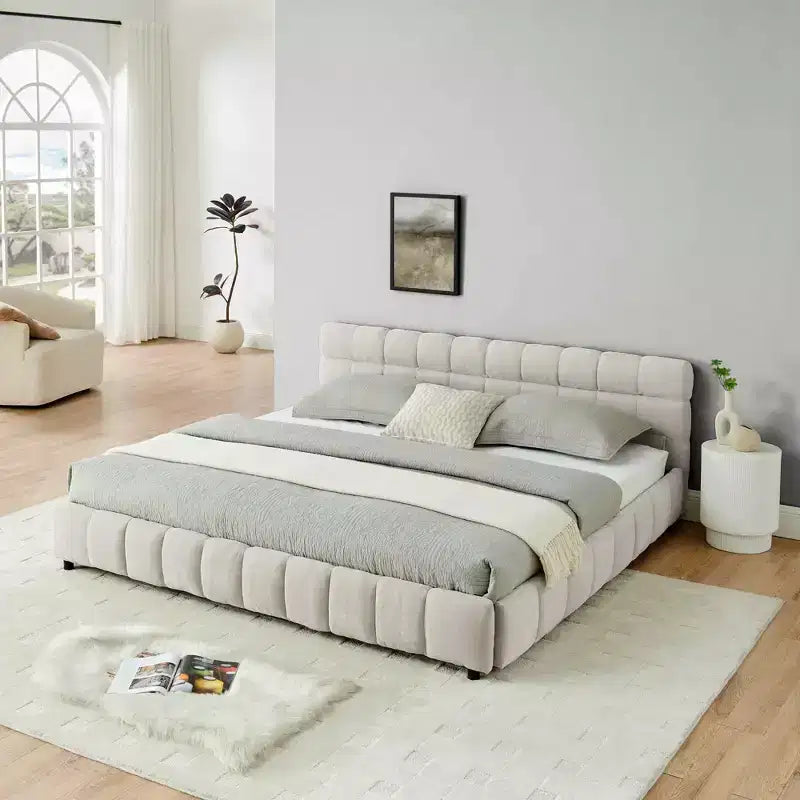 MAYEERTY Lit double king size capitonné avec tête de lit Cadre de lit solide avec tiroir pour chambre à coucher Beige