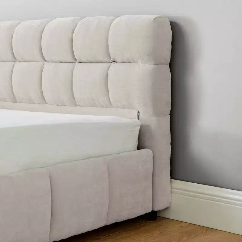 MAYEERTY Lit double king size capitonné avec tête de lit Cadre de lit solide avec tiroir pour chambre à coucher Beige