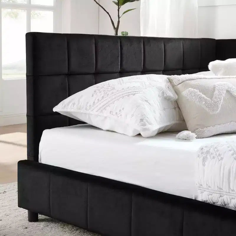 MAYEERTY Cadre de lit rembourré capitonné Queen Size avec dossier et accoudoirs en velours pour chambre à coucher Noir