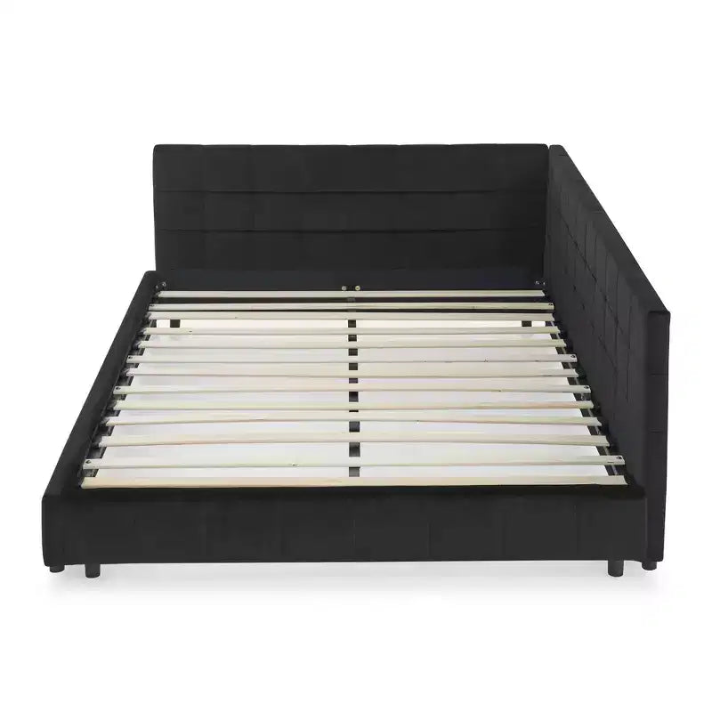 MAYEERTY Cadre de lit rembourré capitonné Queen Size avec dossier et accoudoirs en velours pour chambre à coucher Noir