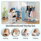 Coiffeuse d'angle pour enfants Costway avec lumières, 3 étagères de rangement, 5 compartiments ouverts, accessoires Rose/Bleu + Blanc