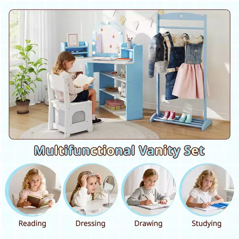 Coiffeuse d'angle pour enfants Costway avec lumières, 3 étagères de rangement, 5 compartiments ouverts, accessoires Rose/Bleu + Blanc