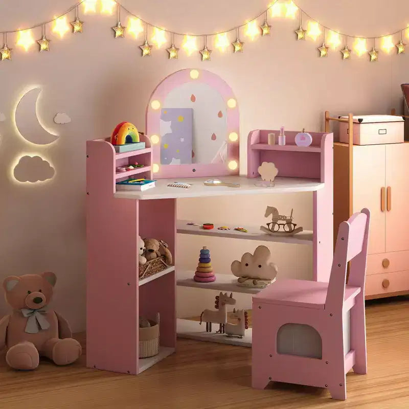 Coiffeuse d'angle pour enfants Costway avec lumières, 3 étagères de rangement, 5 compartiments ouverts, accessoires Rose/Bleu + Blanc