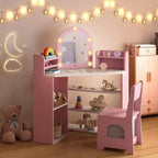 Coiffeuse d'angle pour enfants Costway avec lumières, 3 étagères de rangement, 5 compartiments ouverts, accessoires Rose/Bleu + Blanc