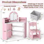 Coiffeuse d'angle pour enfants Costway avec lumières, 3 étagères de rangement, 5 compartiments ouverts, accessoires Rose/Bleu + Blanc