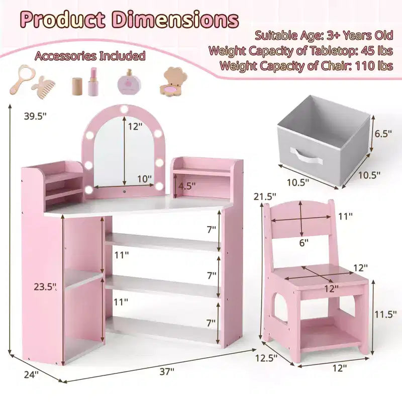 Coiffeuse d'angle pour enfants Costway avec lumières, 3 étagères de rangement, 5 compartiments ouverts, accessoires Rose/Bleu + Blanc