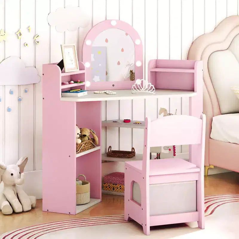 Coiffeuse d'angle pour enfants Costway avec lumières, 3 étagères de rangement, 5 compartiments ouverts, accessoires Rose/Bleu + Blanc