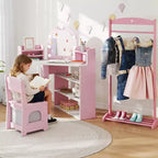 Coiffeuse d'angle pour enfants Costway avec lumières, 3 étagères de rangement, 5 compartiments ouverts, accessoires Rose/Bleu + Blanc