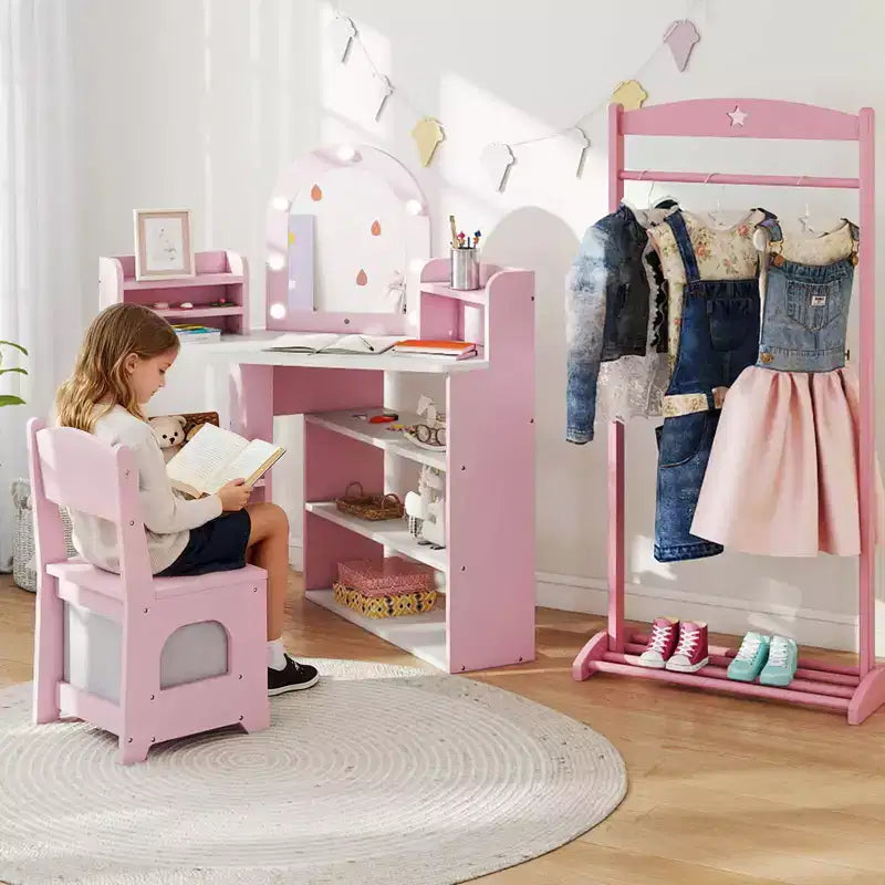 Coiffeuse d'angle pour enfants Costway avec lumières, 3 étagères de rangement, 5 compartiments ouverts, accessoires Rose/Bleu + Blanc