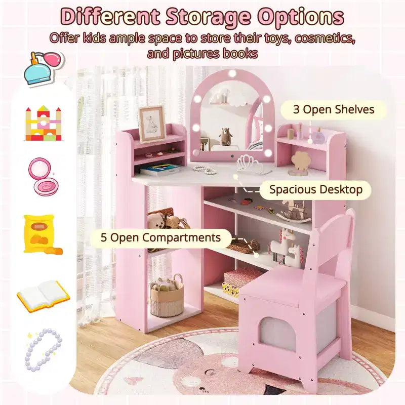 Coiffeuse d'angle pour enfants Costway avec lumières, 3 étagères de rangement, 5 compartiments ouverts, accessoires Rose/Bleu + Blanc