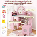 Coiffeuse d'angle pour enfants Costway avec lumières, 3 étagères de rangement, 5 compartiments ouverts, accessoires Rose/Bleu + Blanc