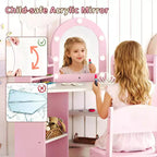 Coiffeuse d'angle pour enfants Costway avec lumières, 3 étagères de rangement, 5 compartiments ouverts, accessoires Rose/Bleu + Blanc