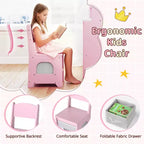 Coiffeuse d'angle pour enfants Costway avec lumières, 3 étagères de rangement, 5 compartiments ouverts, accessoires Rose/Bleu + Blanc