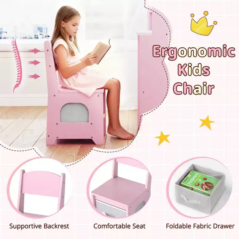 Coiffeuse d'angle pour enfants Costway avec lumières, 3 étagères de rangement, 5 compartiments ouverts, accessoires Rose/Bleu + Blanc