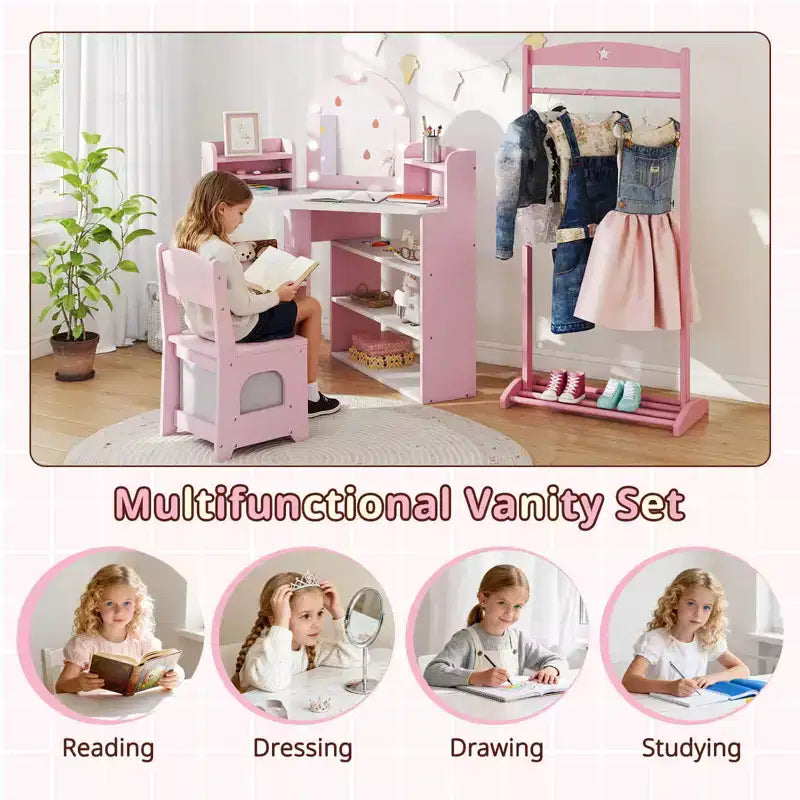 Coiffeuse d'angle pour enfants Costway avec lumières, 3 étagères de rangement, 5 compartiments ouverts, accessoires Rose/Bleu + Blanc