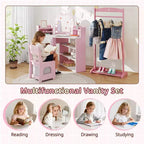 Coiffeuse d'angle pour enfants Costway avec lumières, 3 étagères de rangement, 5 compartiments ouverts, accessoires Rose/Bleu + Blanc
