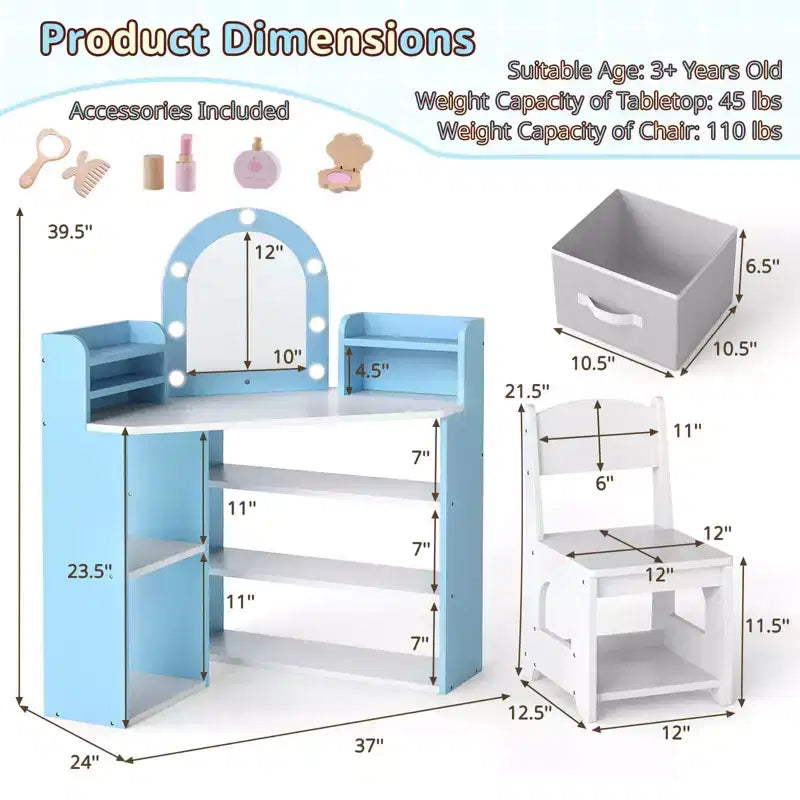 Coiffeuse d'angle pour enfants Costway avec lumières, 3 étagères de rangement, 5 compartiments ouverts, accessoires Rose/Bleu + Blanc