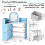 Coiffeuse d'angle pour enfants Costway avec lumières, 3 étagères de rangement, 5 compartiments ouverts, accessoires Rose/Bleu + Blanc