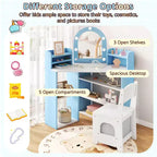 Coiffeuse d'angle pour enfants Costway avec lumières, 3 étagères de rangement, 5 compartiments ouverts, accessoires Rose/Bleu + Blanc