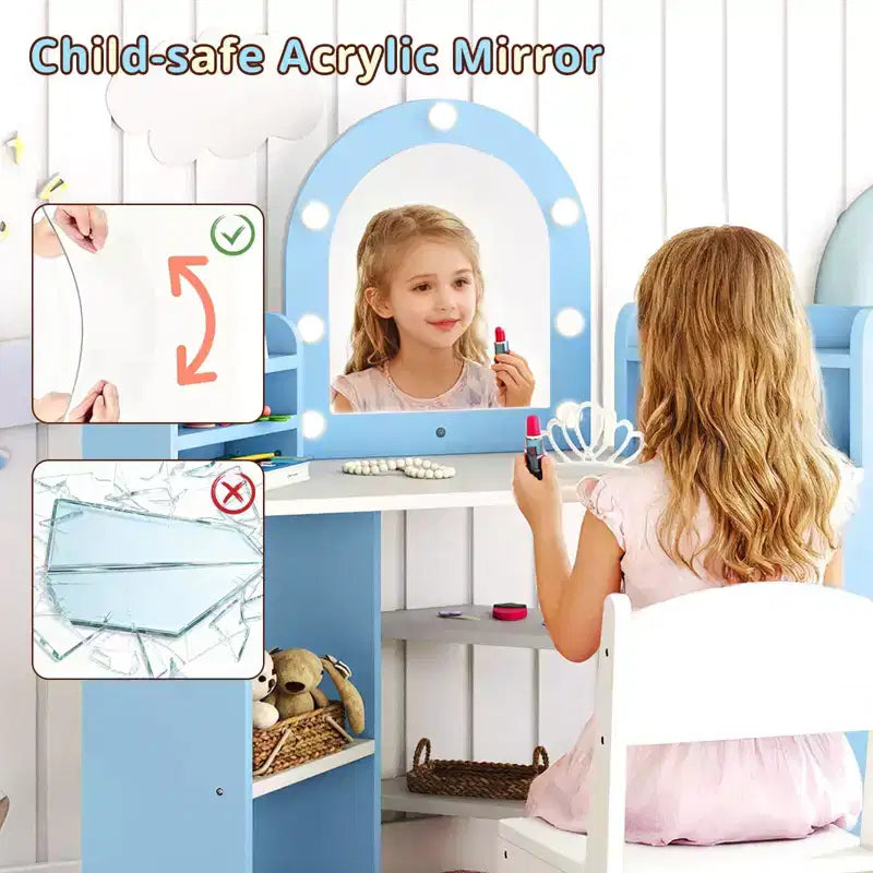 Coiffeuse d'angle pour enfants Costway avec lumières, 3 étagères de rangement, 5 compartiments ouverts, accessoires Rose/Bleu + Blanc