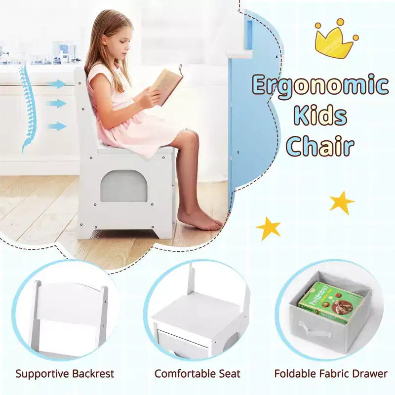 Coiffeuse d'angle pour enfants Costway avec lumières, 3 étagères de rangement, 5 compartiments ouverts, accessoires Rose/Bleu + Blanc