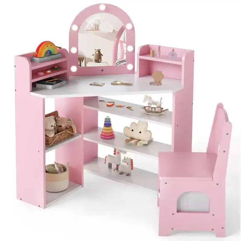 Coiffeuse d'angle pour enfants Costway avec lumières, 3 étagères de rangement, 5 compartiments ouverts, accessoires Rose/Bleu + Blanc