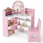 Coiffeuse d'angle pour enfants Costway avec lumières, 3 étagères de rangement, 5 compartiments ouverts, accessoires Rose/Bleu + Blanc