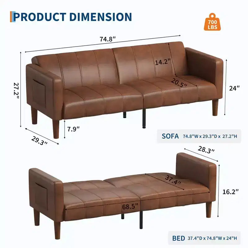 Canapé-lit futon 75 po, convertible, en similicuir, petit canapé, causeuse, canapé de style moderne du milieu du siècle pour salon et chambre à coucher