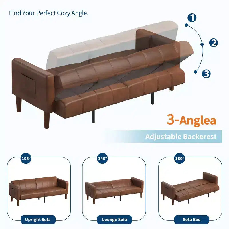 Canapé-lit futon 75 po, convertible, en similicuir, petit canapé, causeuse, canapé de style moderne du milieu du siècle pour salon et chambre à coucher