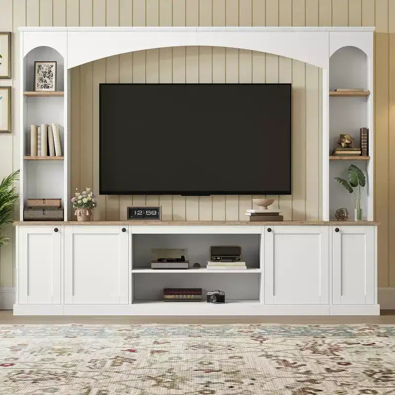 Meuble TV Whisen 91, meuble de rangement mural arqué, meuble TV de style ferme avec étagères, grain de bois pour téléviseurs jusqu'à 70 pouces