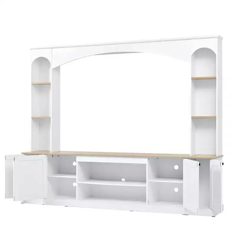 Meuble TV Whisen 91, meuble de rangement mural arqué, meuble TV de style ferme avec étagères, grain de bois pour téléviseurs jusqu'à 70 pouces