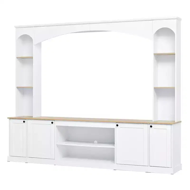 Meuble TV Whisen 91, meuble de rangement mural arqué, meuble TV de style ferme avec étagères, grain de bois pour téléviseurs jusqu'à 70 pouces