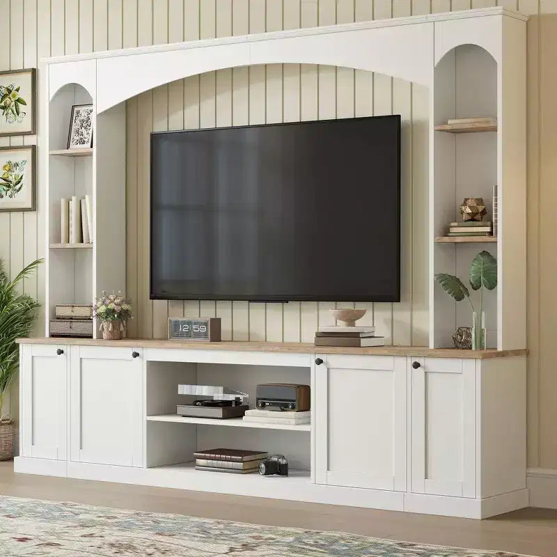 Meuble TV Whisen 91, meuble de rangement mural arqué, meuble TV de style ferme avec étagères, grain de bois pour téléviseurs jusqu'à 70 pouces