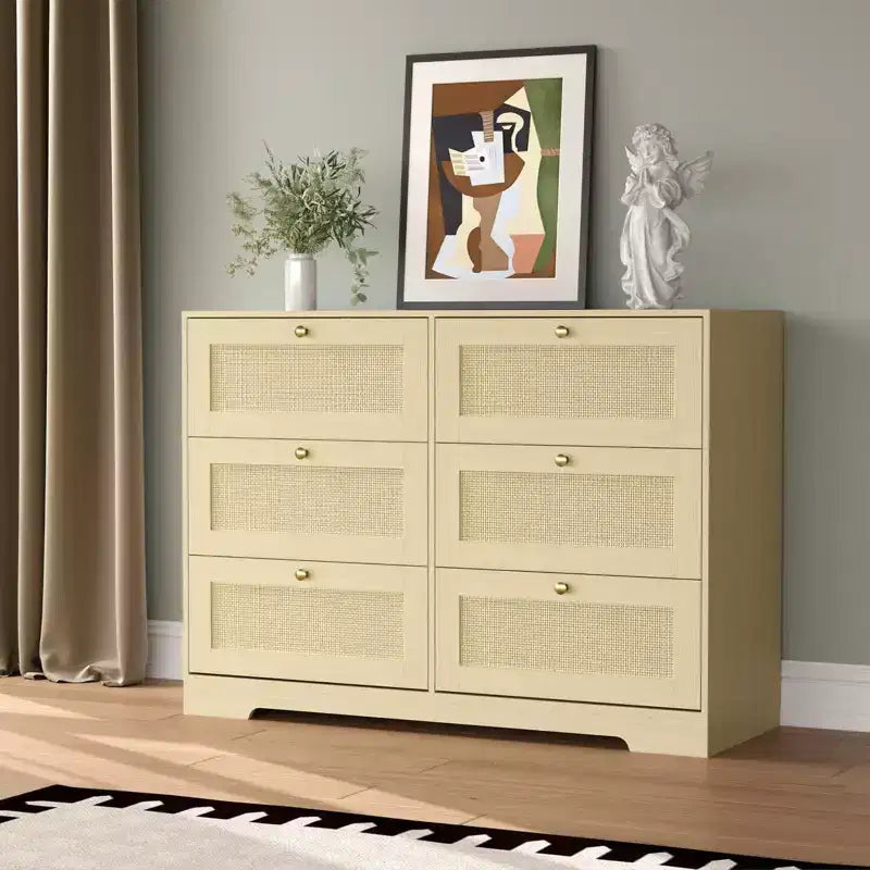 COZONY Commode Bohème Moderne à 6 Tiroirs avec Pieds en Bois Massif, Longue Armoire de Rangement pour Chambre et Salon