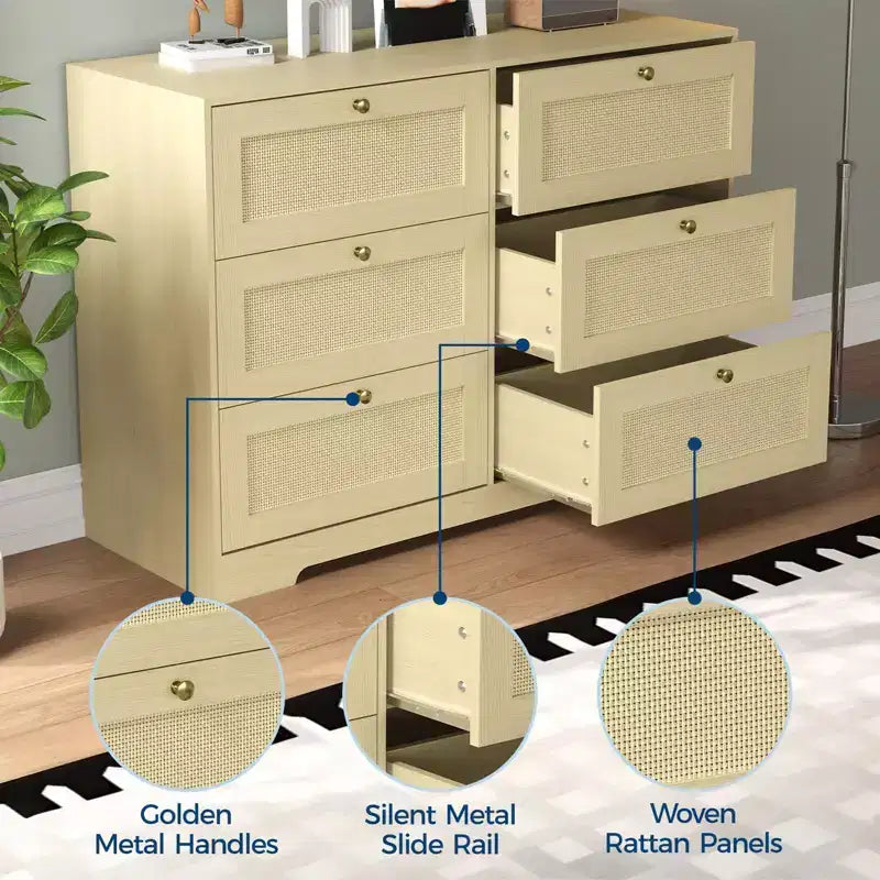 COZONY Commode Bohème Moderne à 6 Tiroirs avec Pieds en Bois Massif, Longue Armoire de Rangement pour Chambre et Salon
