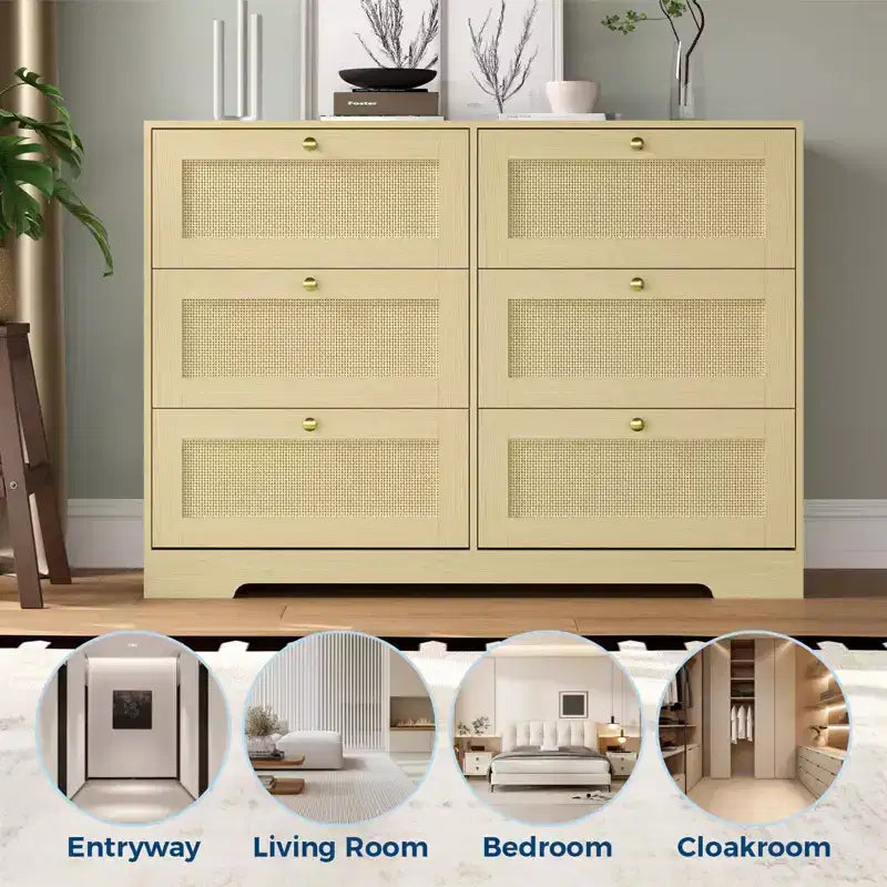 COZONY Commode Bohème Moderne à 6 Tiroirs avec Pieds en Bois Massif, Longue Armoire de Rangement pour Chambre et Salon